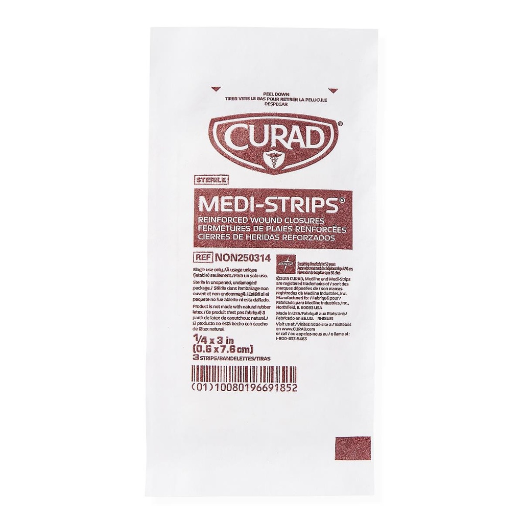 [NON250314-CASE] Medi-Strip® Adhesive Wound Closure Strip; 1/4" x 3" (6 mm x 8 cm) | CASE/600 EACH | BOX/150 EACH | PKG/3 EACH (CASE)