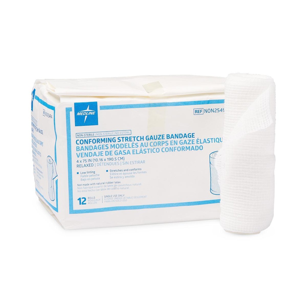 Medline Conforming Stretch Gauze Bandage; 4" x 75" (10 cm x 190.5 cm), Non-Sterile | CASE/96 EACH | BOX/12 EACH