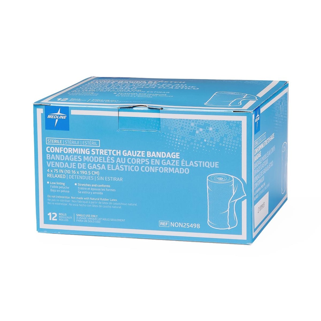 Medline Conforming Stretch Gauze Bandage; 4" x 75" (10 cm x 190.5 cm), Sterile | CASE/96 EACH | BOX/12 EACH | PKG/1 EACH