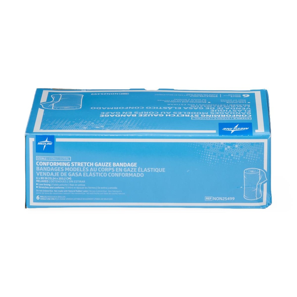 Medline Conforming Stretch Gauze Bandage; 6" x 80" (15.24cm x 203.2 cm), Sterile | CASE/48 EACH | BOX/6 EACH | PKG/1 EACH