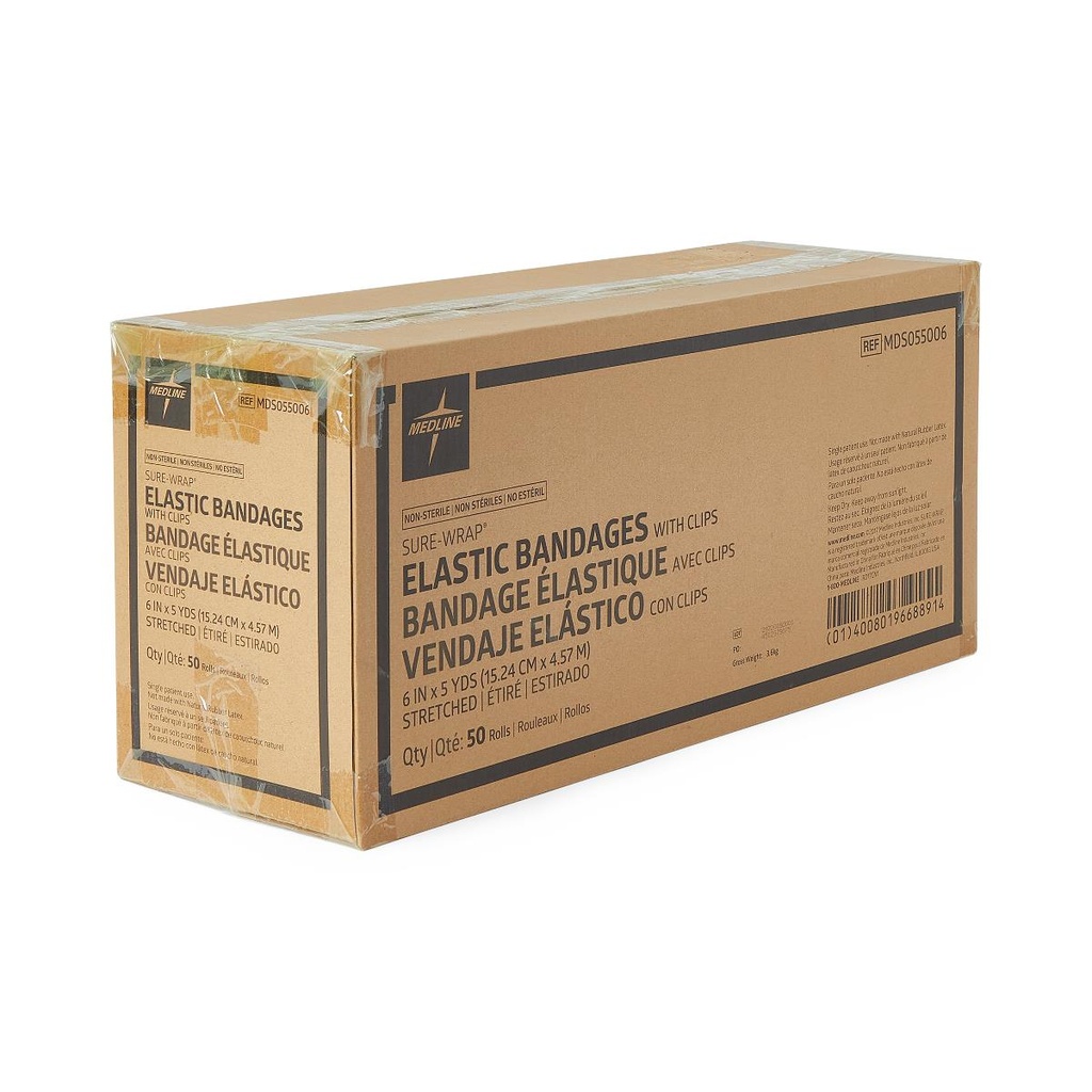 [MDS055006-CASE] Medline Sure-Wrap® Wraparound Elastic Bandage with Clips; 6" x 5 yd. (15.2 cm x4.5 m) | CASE/50 EACH | BOX/10 EACH (CASE)