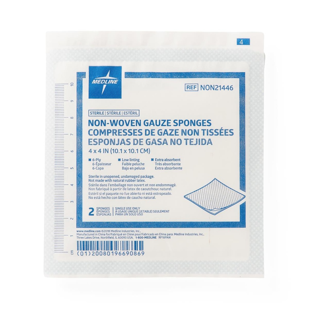 Medline Sterile Non-Woven Gauze Sponge; 6-Ply, 4" x 4" (10 cm x 10 cm), 2/pk | CASE/600 EACH | BOX/50 EACH | PKG/2 EACH