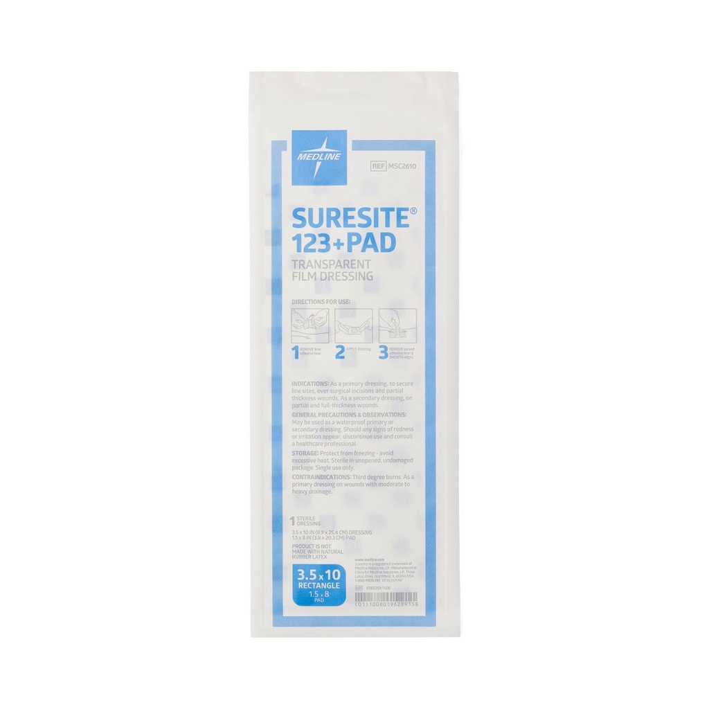 Medline Suresite® 123+ Pad® Transparent Film Dressing with Absorbent Pad; 8.9 cm x 25.4 cm | CASE/100 EACH | BOX/25 EACH