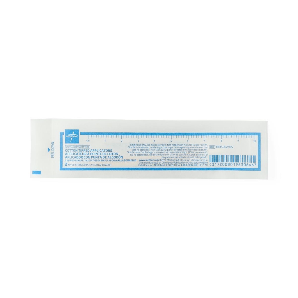 [MDS202105-CASE] Medline Sterile Cotton-Tipped Applicator; 3" (8 cm), Wood Applicator | CASE/2000 EACH | BOX/200 EACH | PKG/2 EACH (CASE)