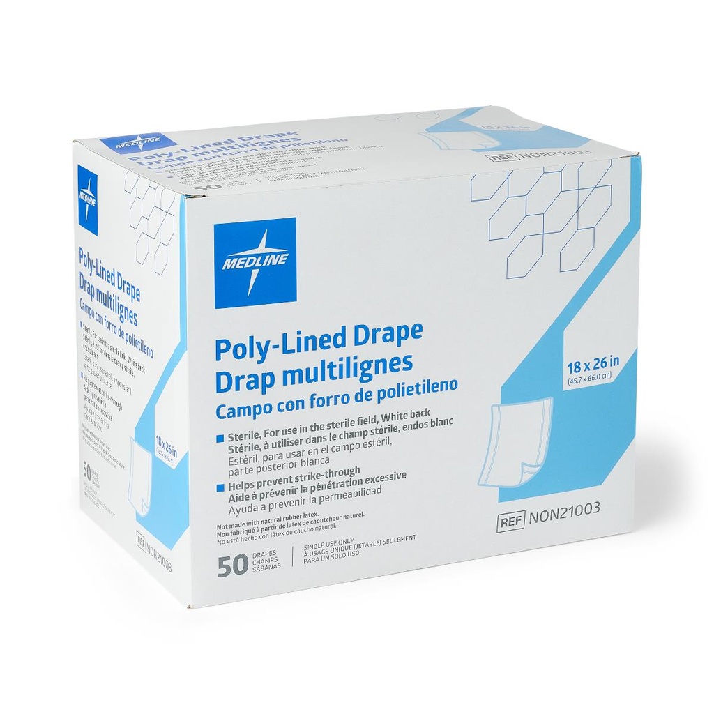 Medline Sterile Poly-Lined Field Drape, 46 cm x 66 cm (18" x 26"); 18" x 26" (46 cm x 66 cm) | CASE/300 EACH | BOX/50 EACH