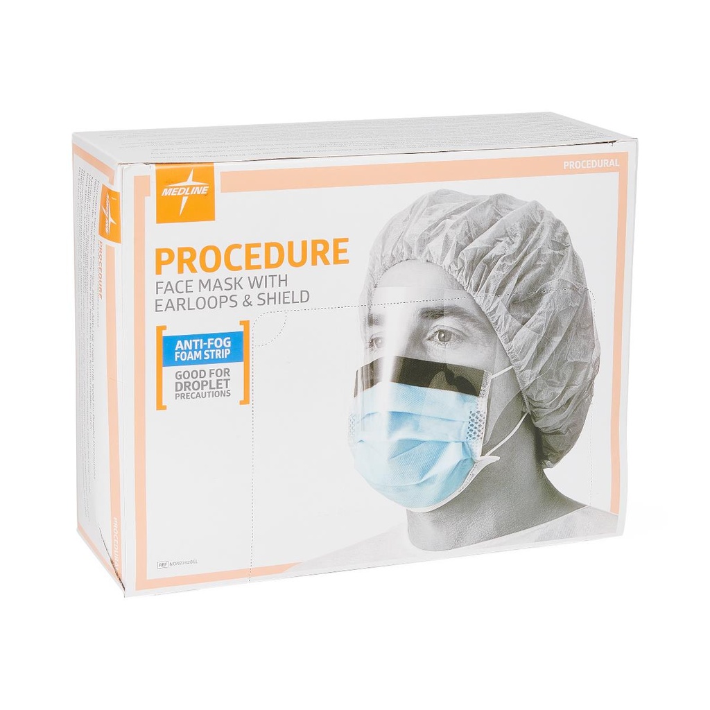 Medline Level-1 Surgical Face Mask with Ear Loops and Faceshield; Blue | CASE/100 EACH | BOX/25 EACH