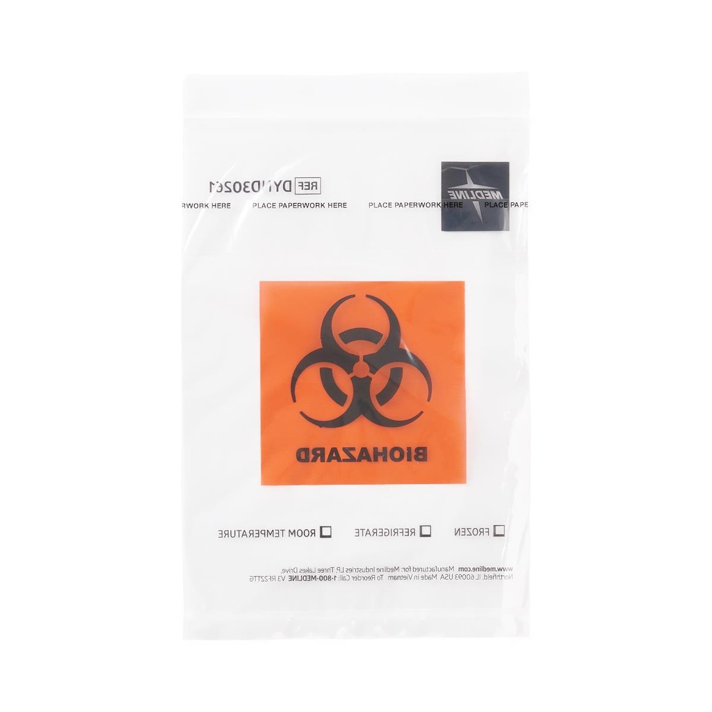 Medline Biohazard Zipping Lab Specimen Bag; 6" x 9" (15.2 cm x 23 cm) | CASE/1000 EACH | PKG/100 EACH