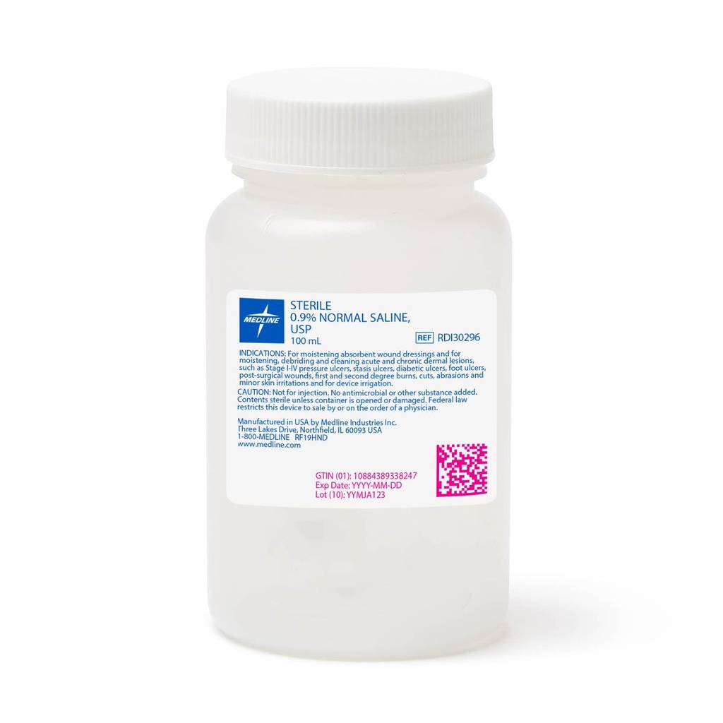 Medline Sodium Chloride Saline Solution for Irrigation with Screw Top; 100 mL | CASE/48 EACH