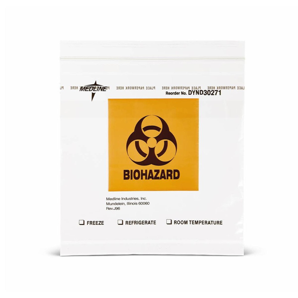Medline Biohazard Zipping Lab Specimen Bag; 8" x 8" (20.3 cm x 20.3 cm) | CASE/1000 EACH | PKG/100 EACH
