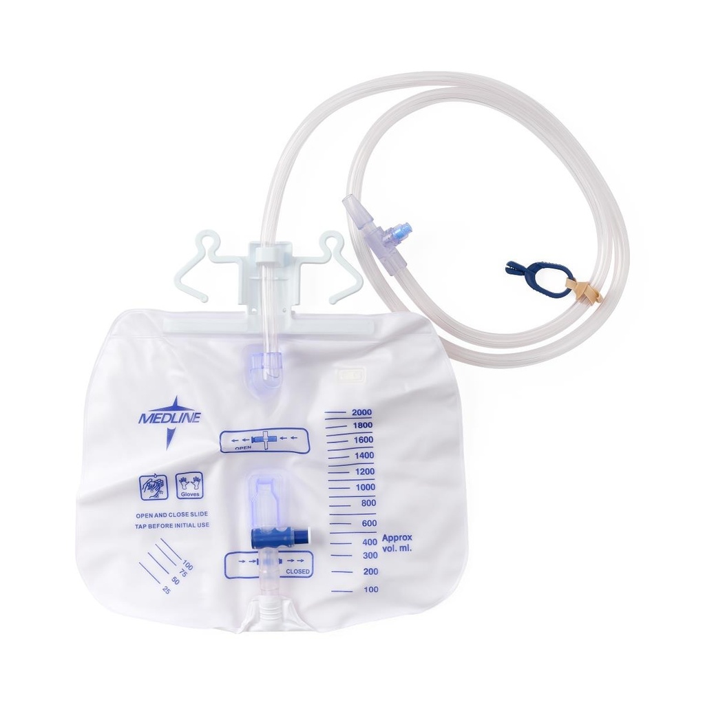 Medline Slide Tap Urinary Drain Bag with Anti-Reflux Tower, Slide Tap and Luer Lock; 2000 mL | CASE/20 EACH
