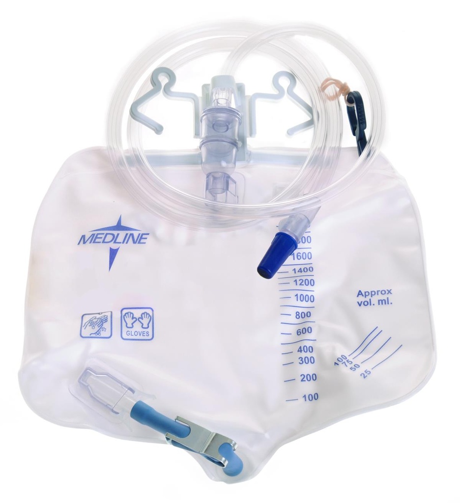Medline Urinary Drain Bag; Anti-Reflux Device and Metal Clamp Drainage Port, 2,000 mL | CASE/20 EACH