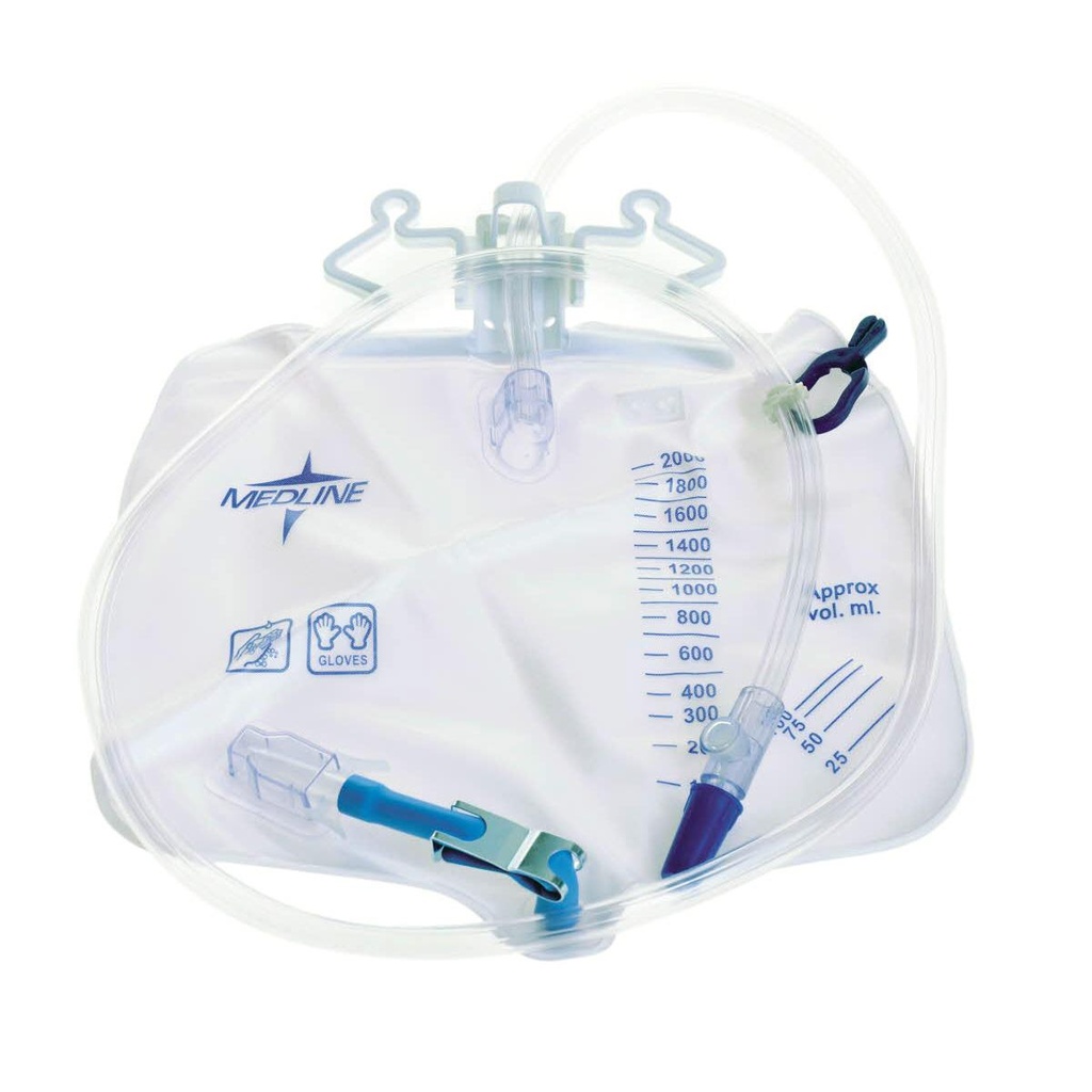 Medline Urinary Drain Bag; Anti-Reflux Tower and Metal Clamp Drainage Port, 2,000 mL | CASE/20 EACH