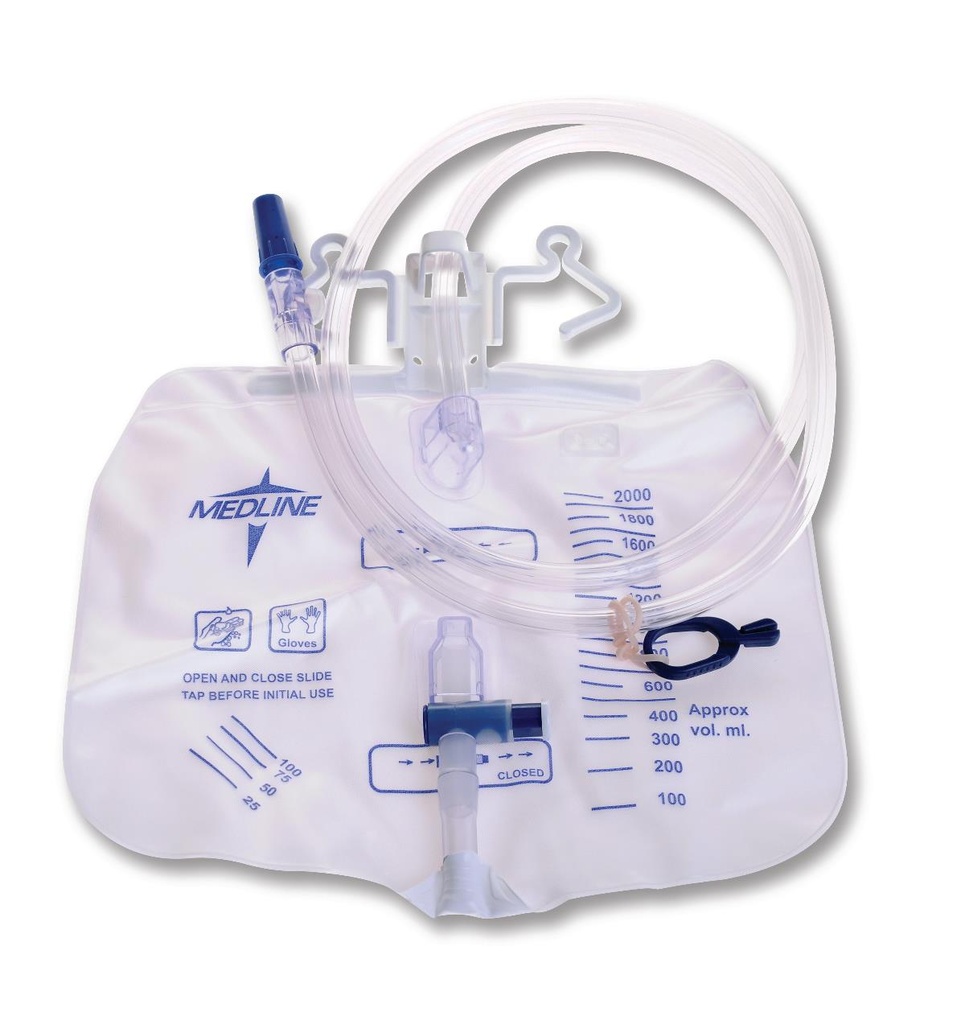 Medline Urinary Drain Bag; Anti-Reflux Tower and Metal-Free Slide-Tap Drainage Port, 2,000 mL | CASE/20 EACH