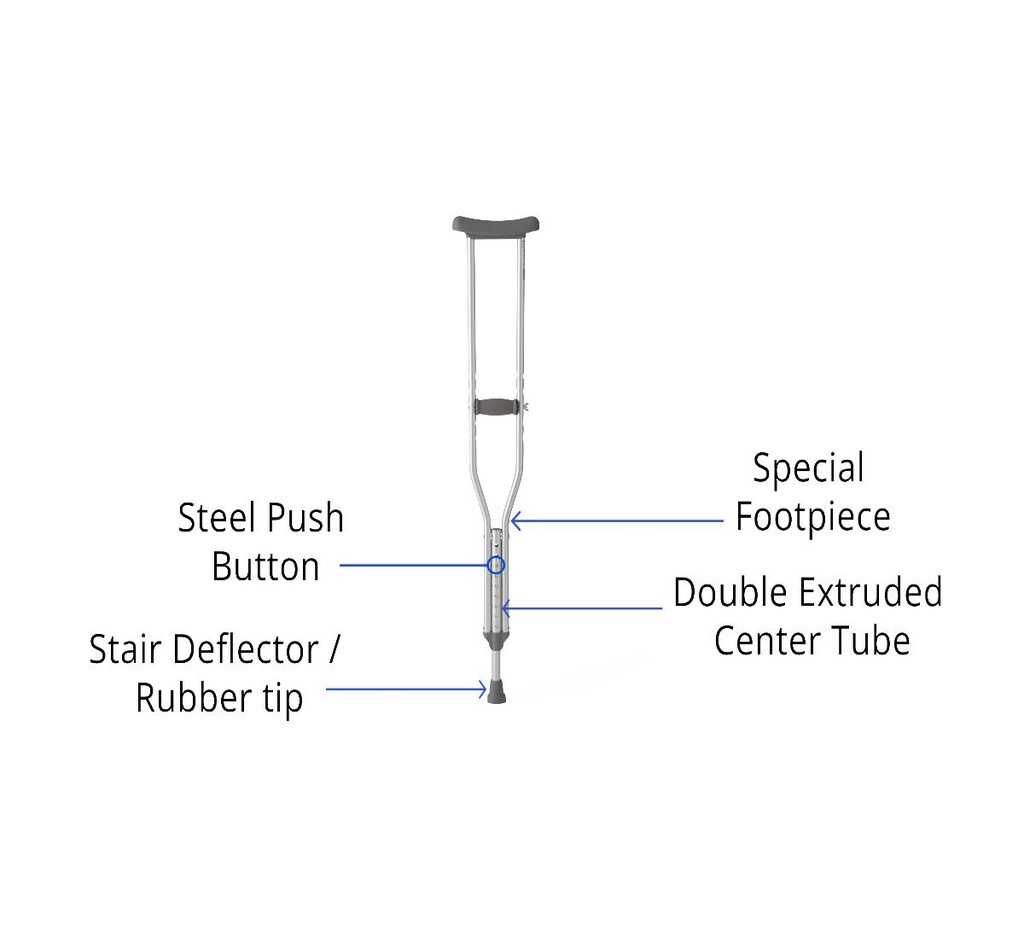 Medline Aluminum Push-Button Adjustable Crutch; Adult Tall Fit, 70" - 78" (178 cm - 198 cm) | CASE/8 PAIR