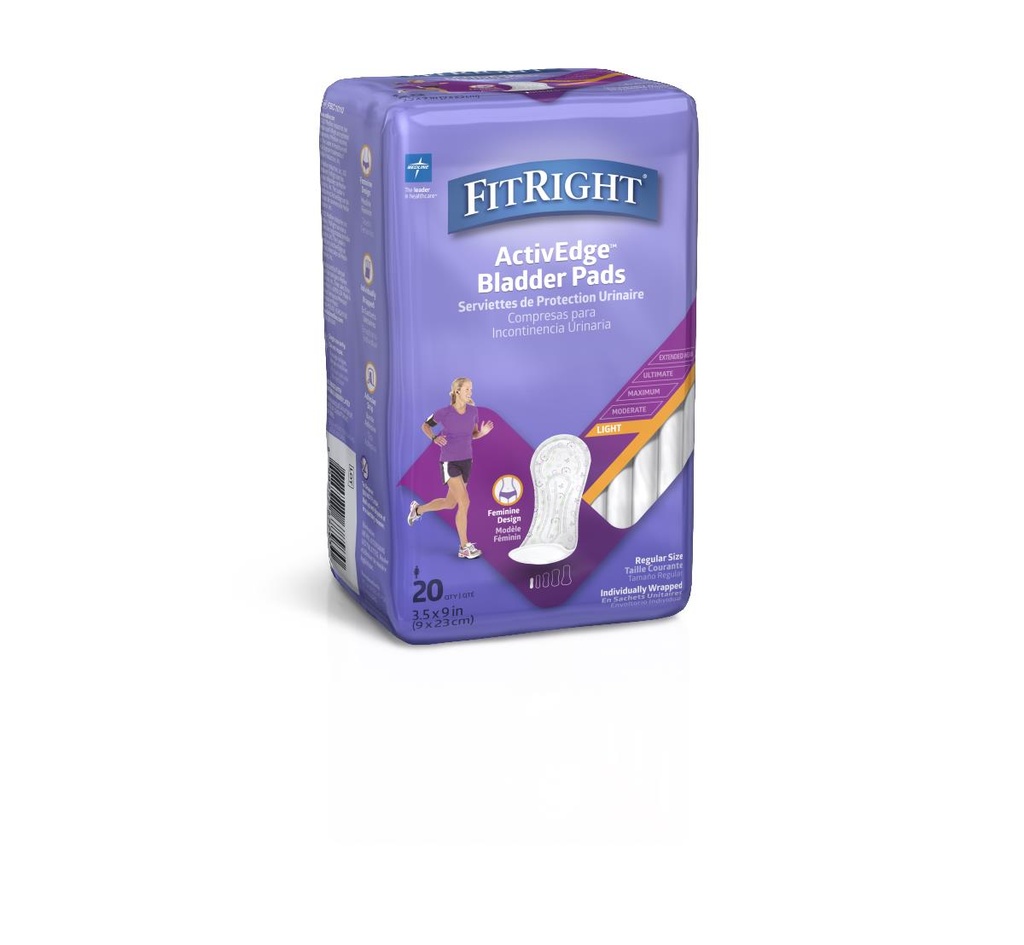 FitRight® ActivEdge Women's Bladder Control Pads; Light, 3.5" x 9" (9 cm x 23 cm) | CASE/240 EACH | BAG/20 EACH